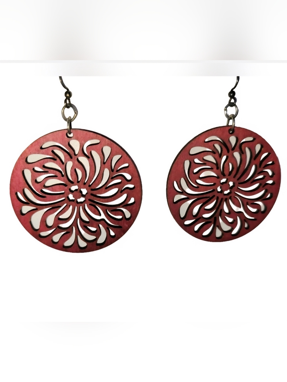 Laser Cut Wood Raindrop Circle Dangle Earrings Brick Red Color